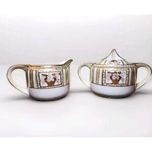 Vintage Noritake M Japan Hand Painted Cream And Covered Sugar Set Gold Guilded
